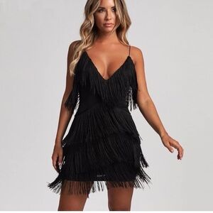 Black Fringe V-Neck Slip Dress